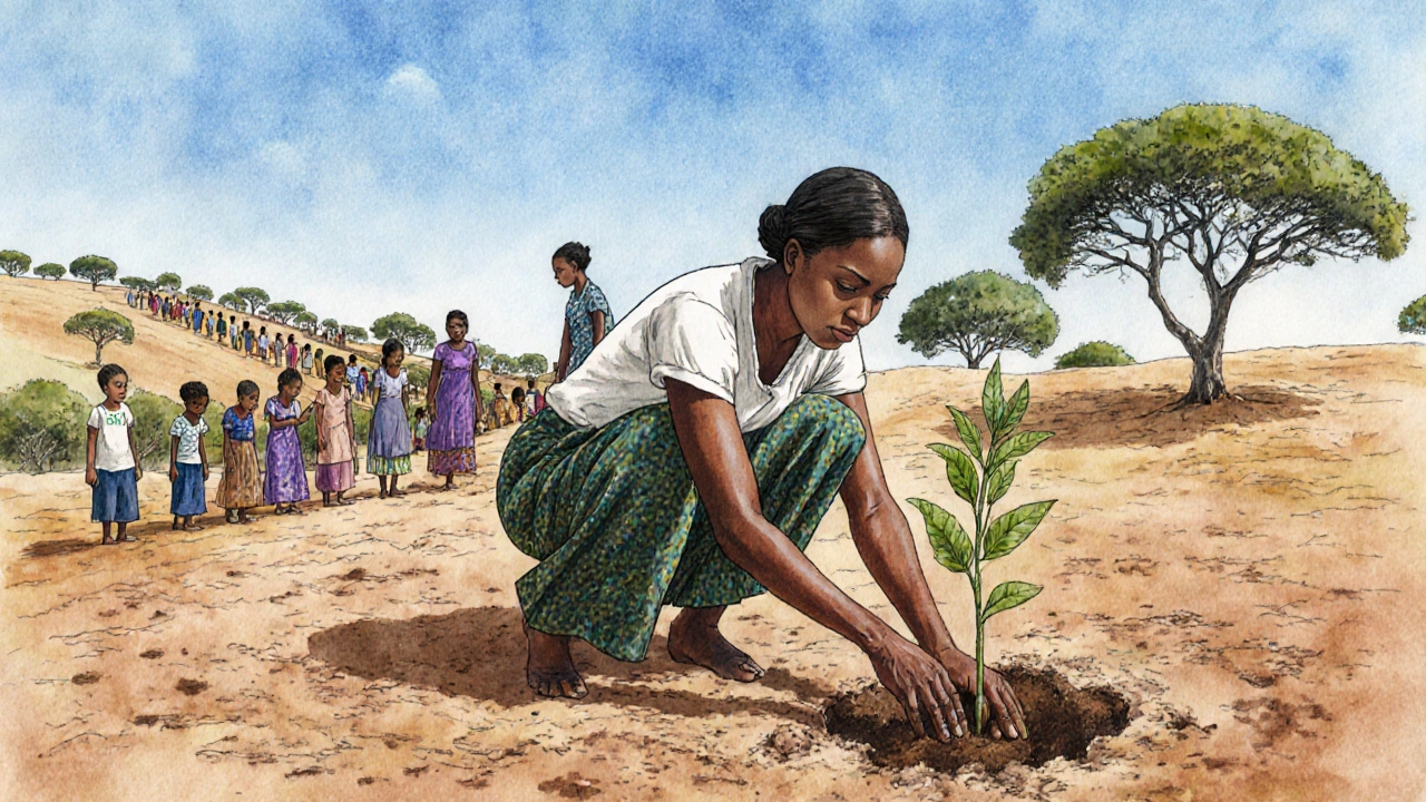 Kenyan woman planting a tree with other women and children in a rural hillside under a clear sky.