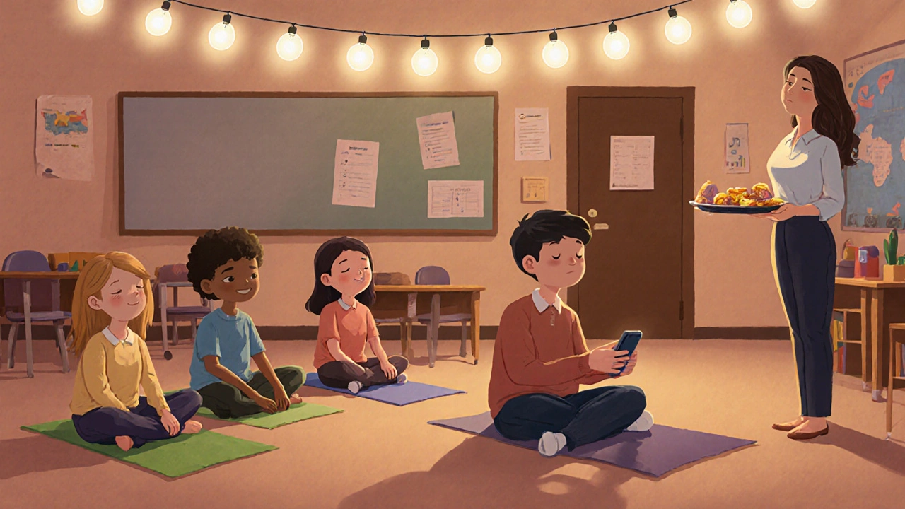 Students meditating on yoga mats in a softly lit classroom after school.