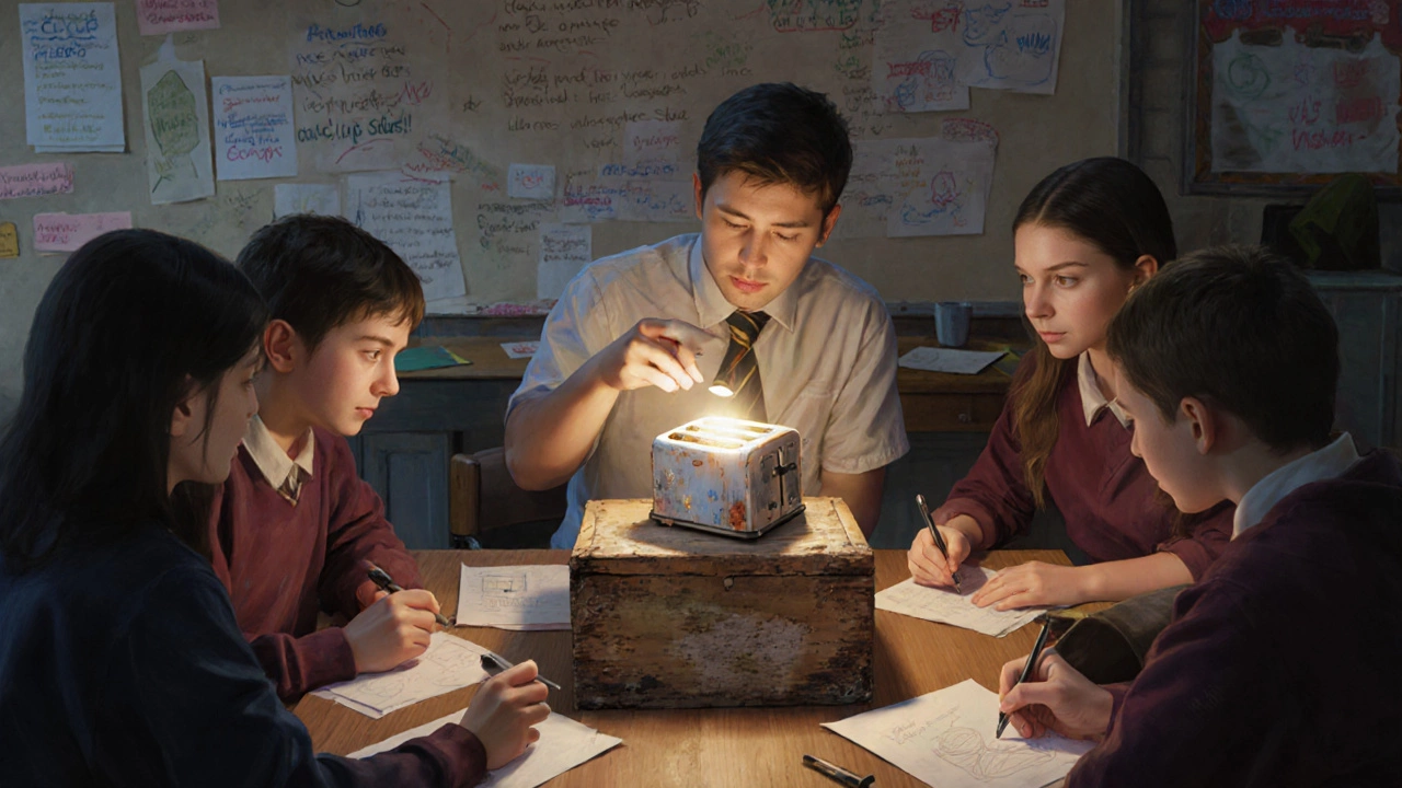 Students turning a broken toaster into a lamp, surrounded by creative ideas on a Wall of Wins.