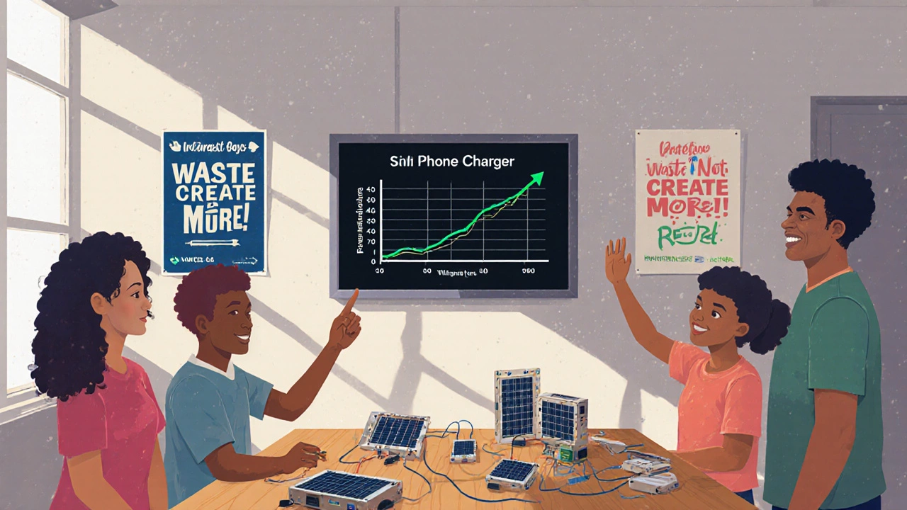 Students展示他们手工制作的太阳能手机充电器和实时能源数据图。