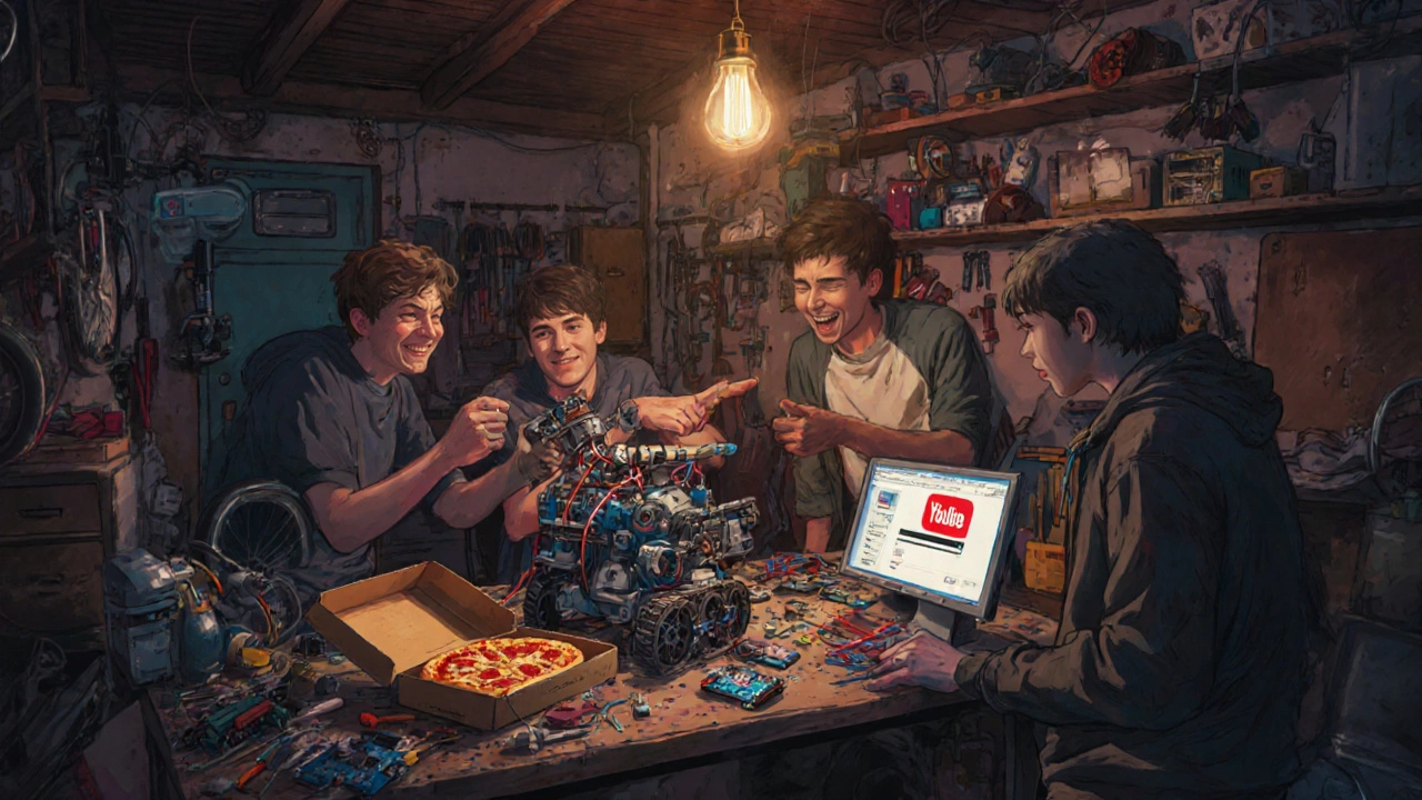 Teens building a robot from recycled bike parts in a cluttered workshop, laughing together.