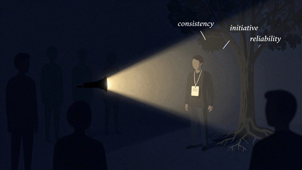 A flashlight shines on one volunteer amid shadowy job seekers, illuminating roots labeled with key traits.