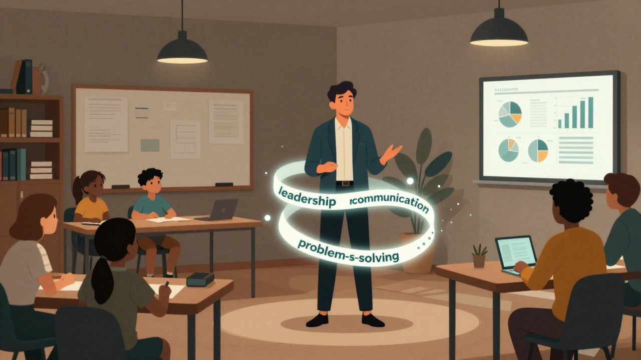 A person split between tutoring kids and presenting in an office, connected by glowing skill pathways.