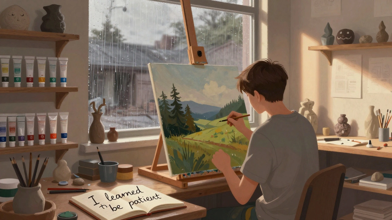 A student painting calmly in a quiet art studio with rain outside.
