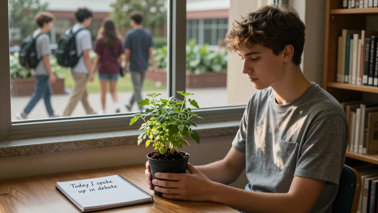 A teen holding a small plant they grew, reflecting in a library after school.
