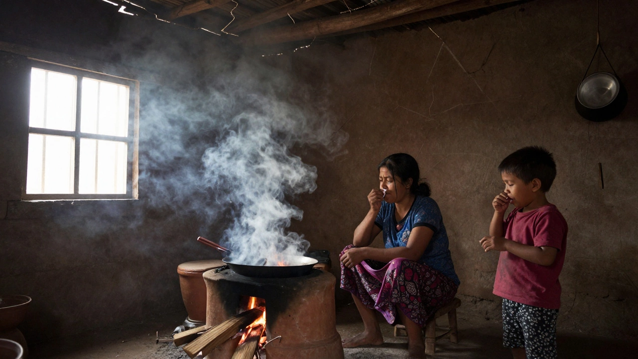 A woman cooking over an open wood fire in a rural home, smoke filling the room as a child coughs nearby.