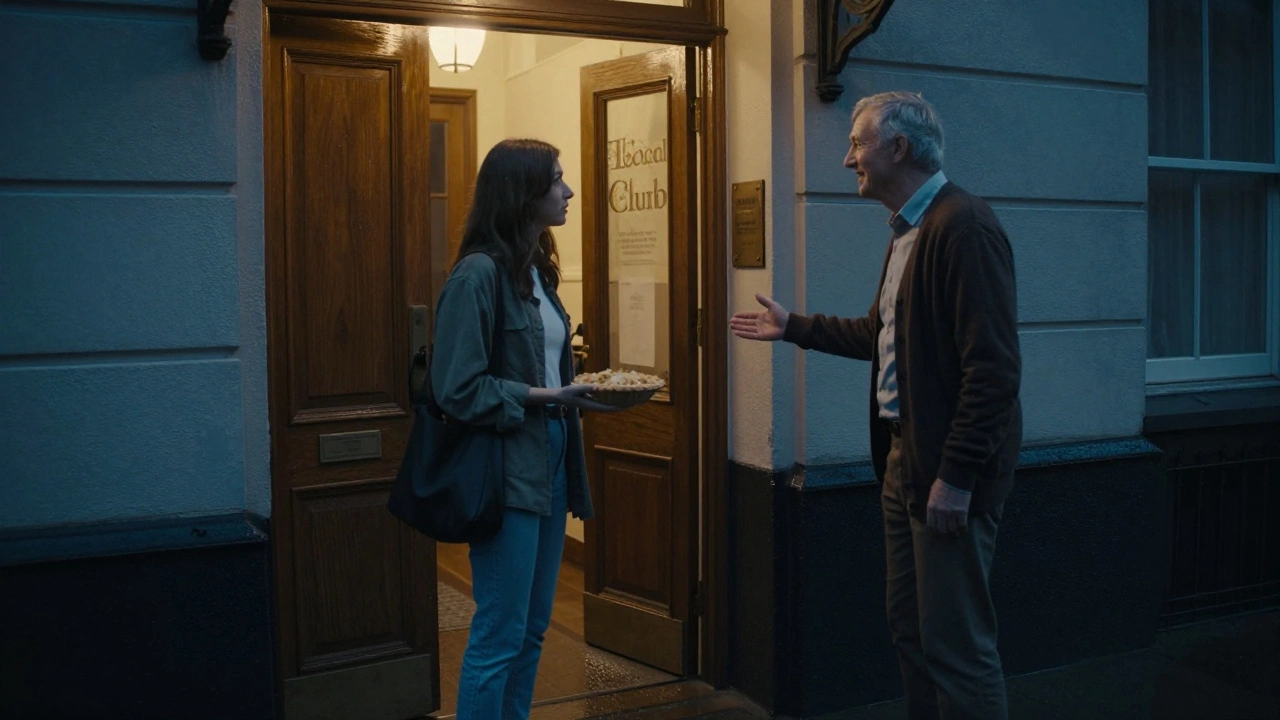 A young woman hesitates at the entrance of a historic social club, offered a warm welcome by an older member holding a pie.