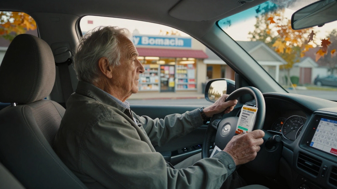 An older man rides with a volunteer driver to a medical appointment, passing a pharmacy in the background.