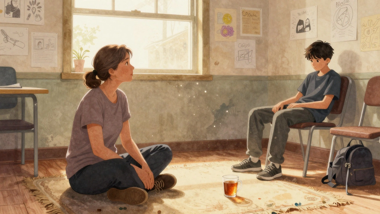 An older woman listening quietly to a teenager in a youth center, no words needed.