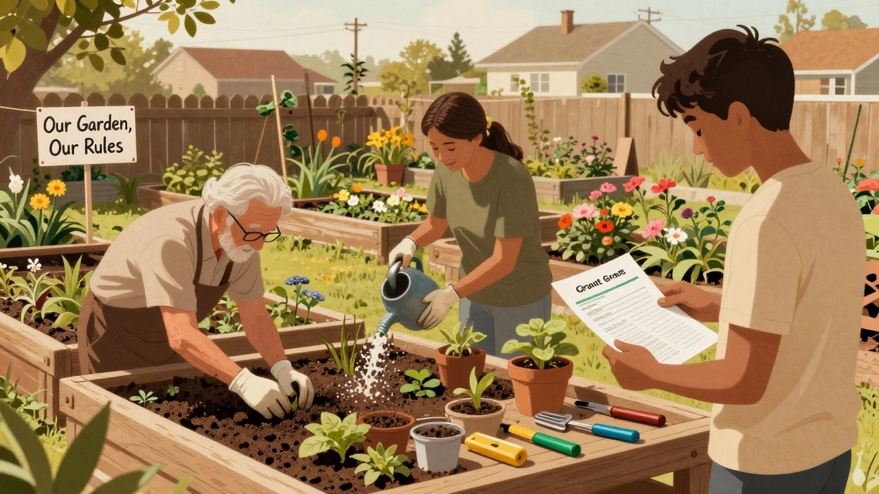 Community members tending a garden with tools and a grant form, symbolizing local leadership.