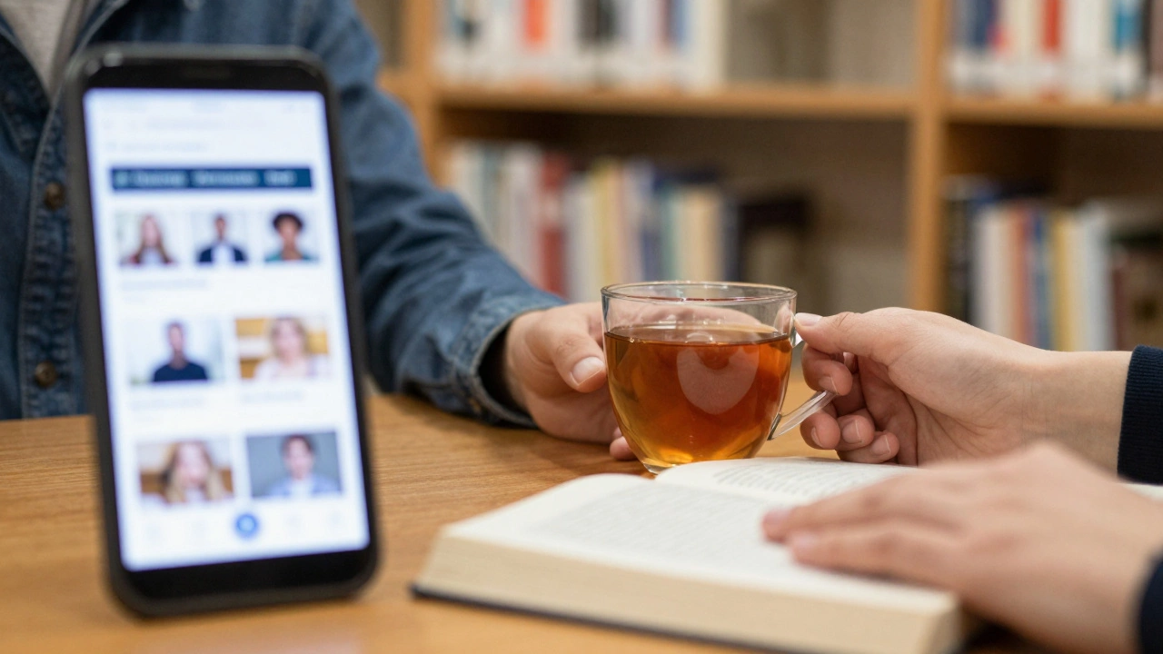 Contrast of glowing smartphone screen and warm hands sharing tea at a library table, symbolizing real connection.