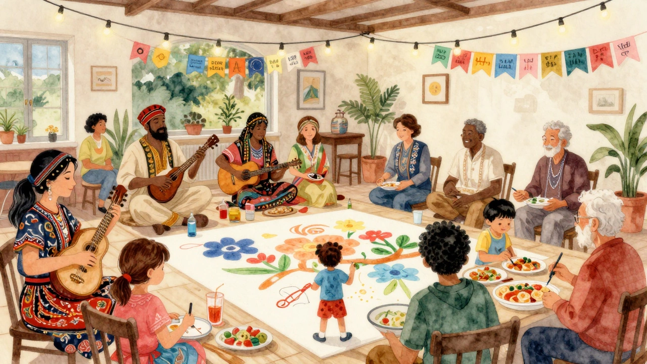 Diverse community members celebrating a cultural night with music, food, and art in a brightly lit social club space.