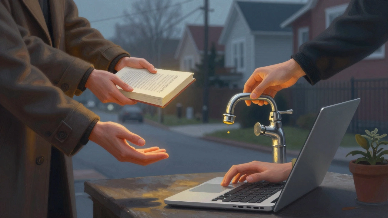 Hands performing small acts of kindness—giving clothes, teaching, repairing—each glowing with quiet generosity.