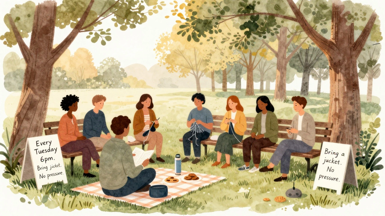 Mixed-age group sitting under a tree in a park, sharing quiet time with tea, knitting, and a handwritten sign.