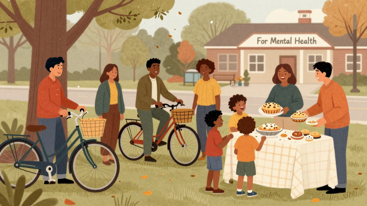 Neighbors gathering in a park for a bike and bake charity event, sharing food and raising money for mental health.