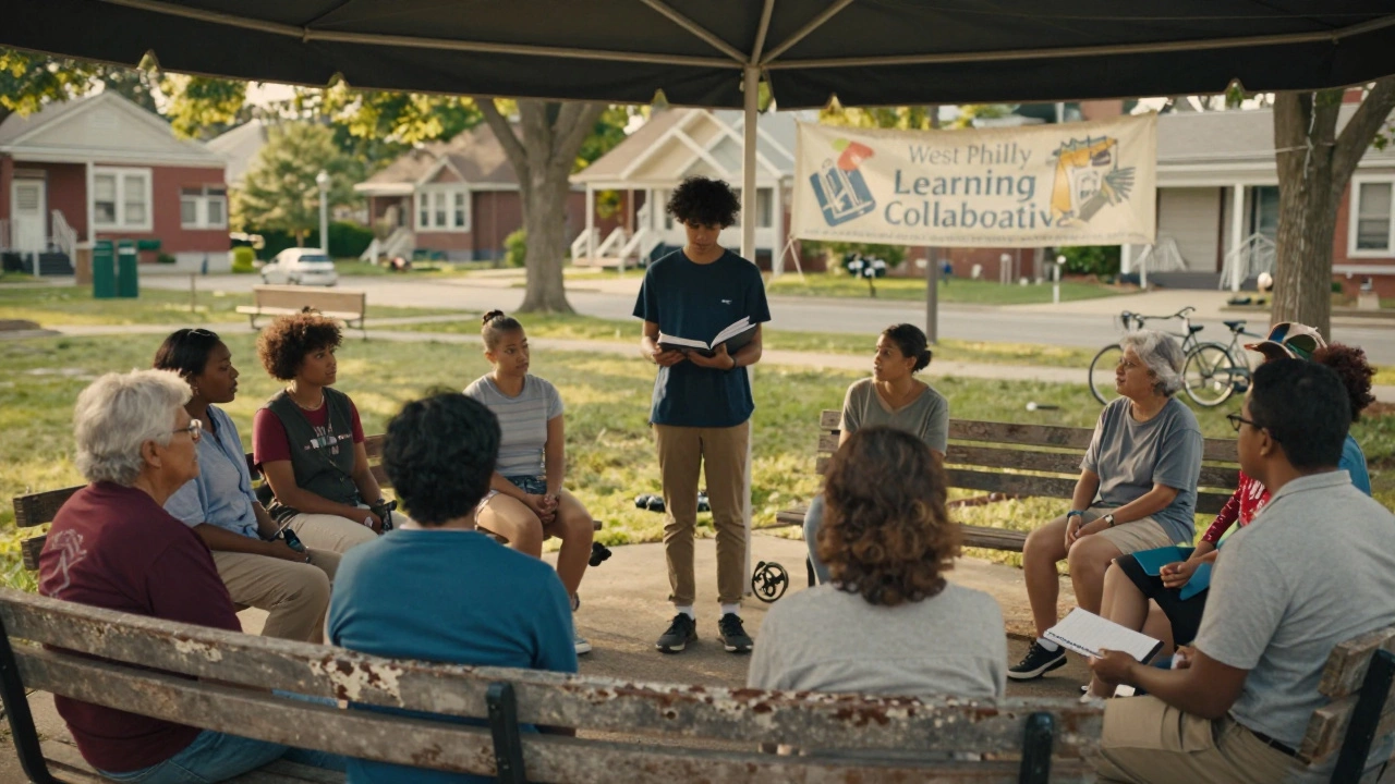 Residents leading a weekly peace circle in a neighborhood park under a shaded awning.