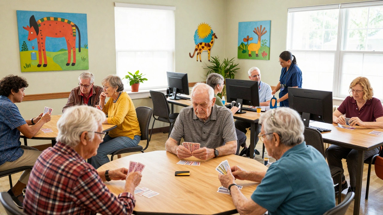 Seniors engage in activities at a lively community center with health screenings and computer classes.
