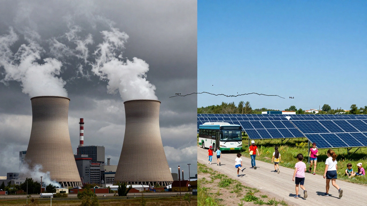 Split image: coal plant on one side, clean energy community on the other, linked by pollution particles.