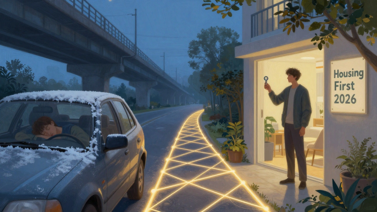 Split image: person sleeping in car vs. standing in new apartment, connected by glowing path of support.