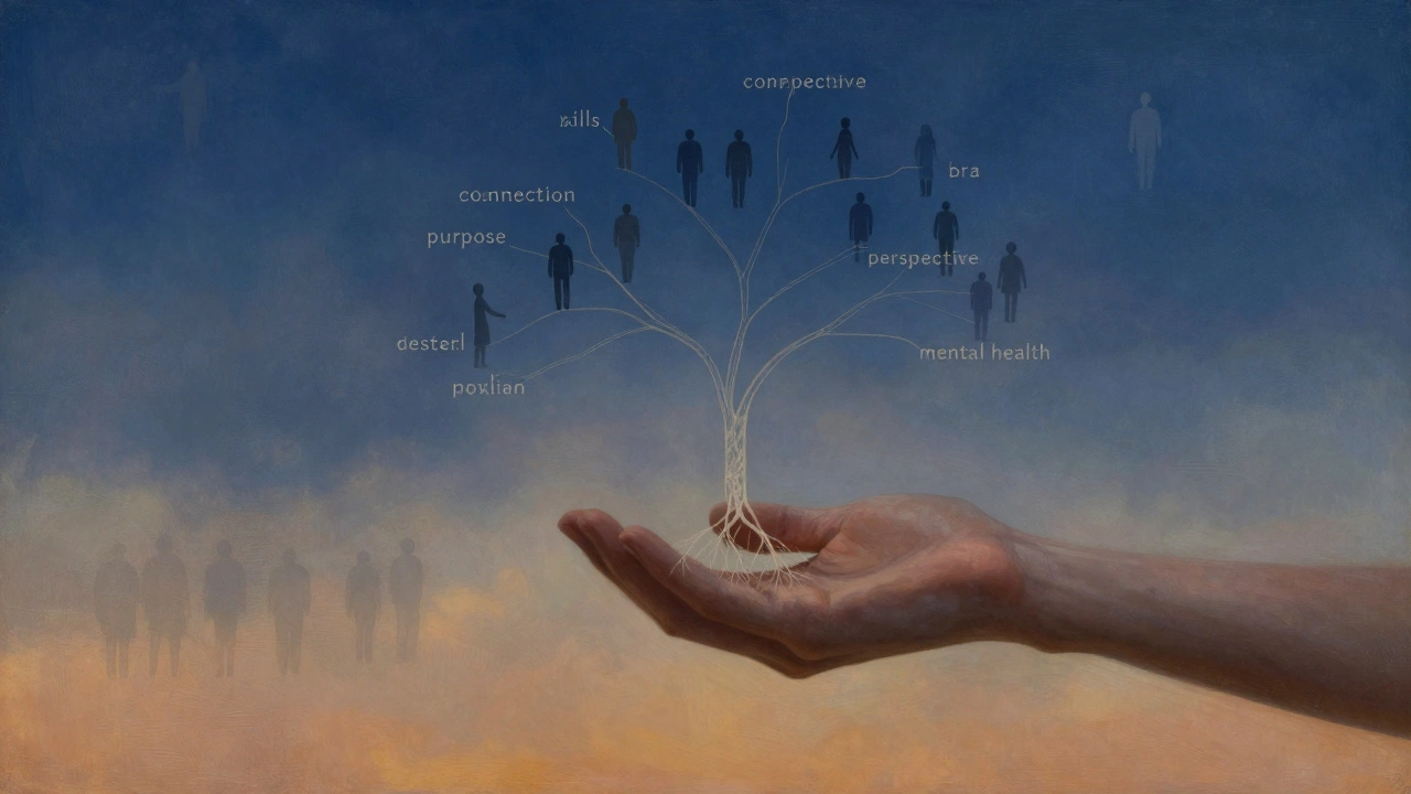 A hand holding another, forming a tree whose roots represent the five benefits of volunteering.