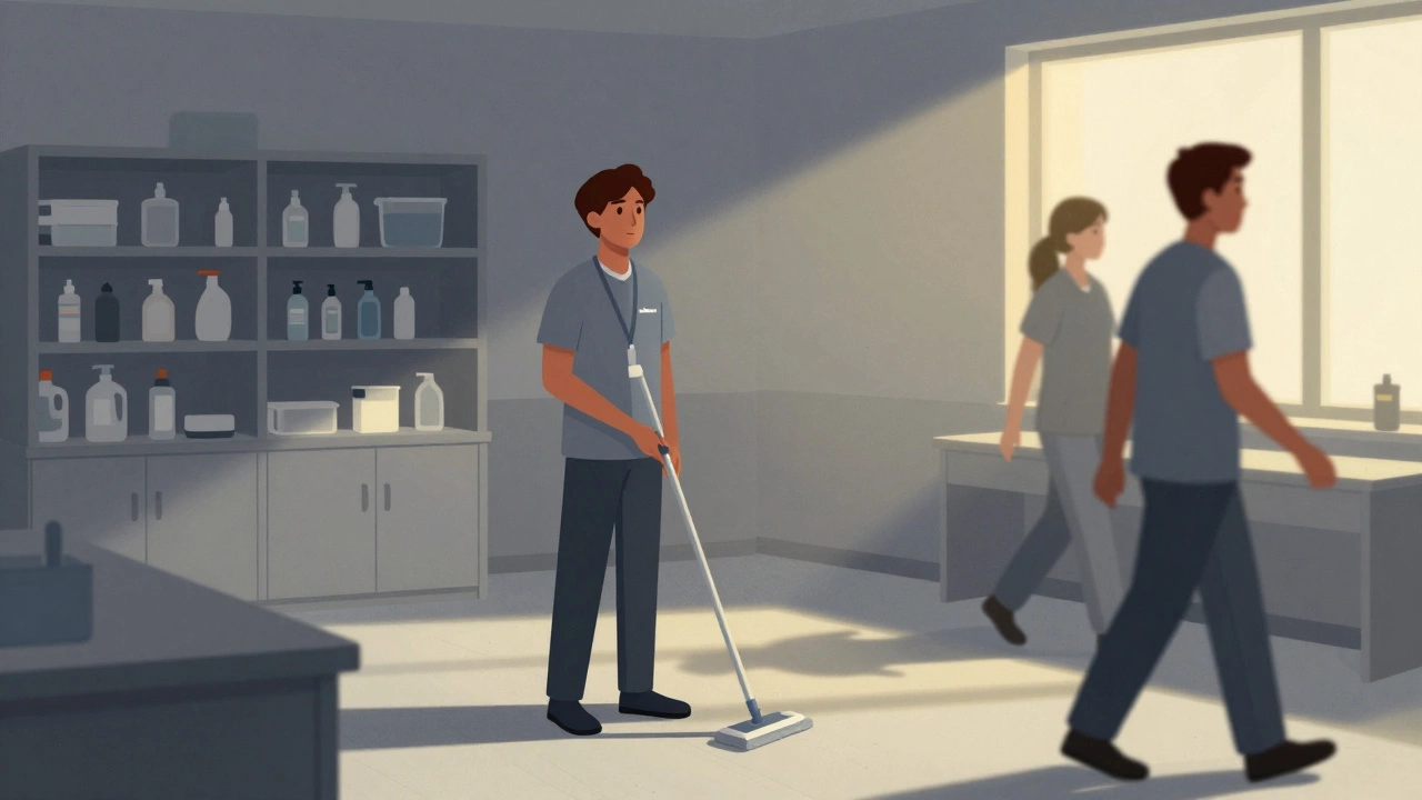 A new volunteer stands confused with a mop in a sterile room, ignored by passing staff.