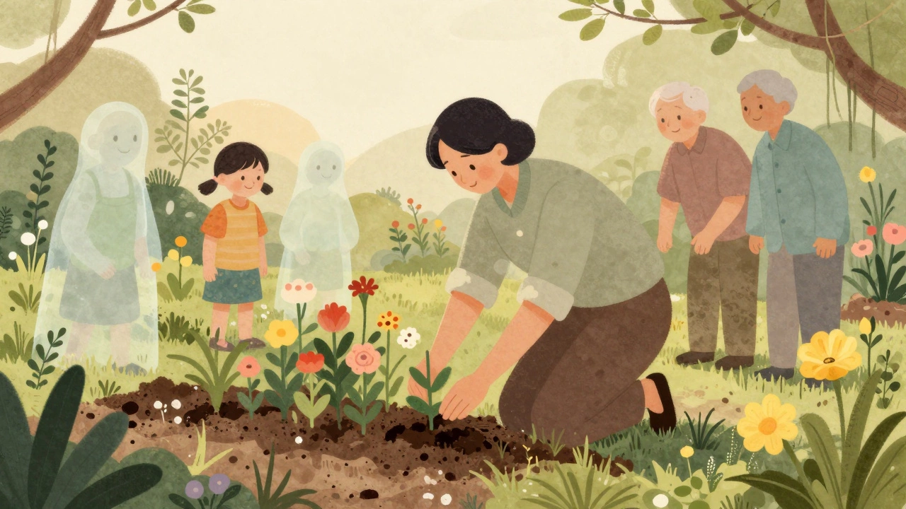 A person standing in a garden they planted, with ghostly figures of those they helped nearby.