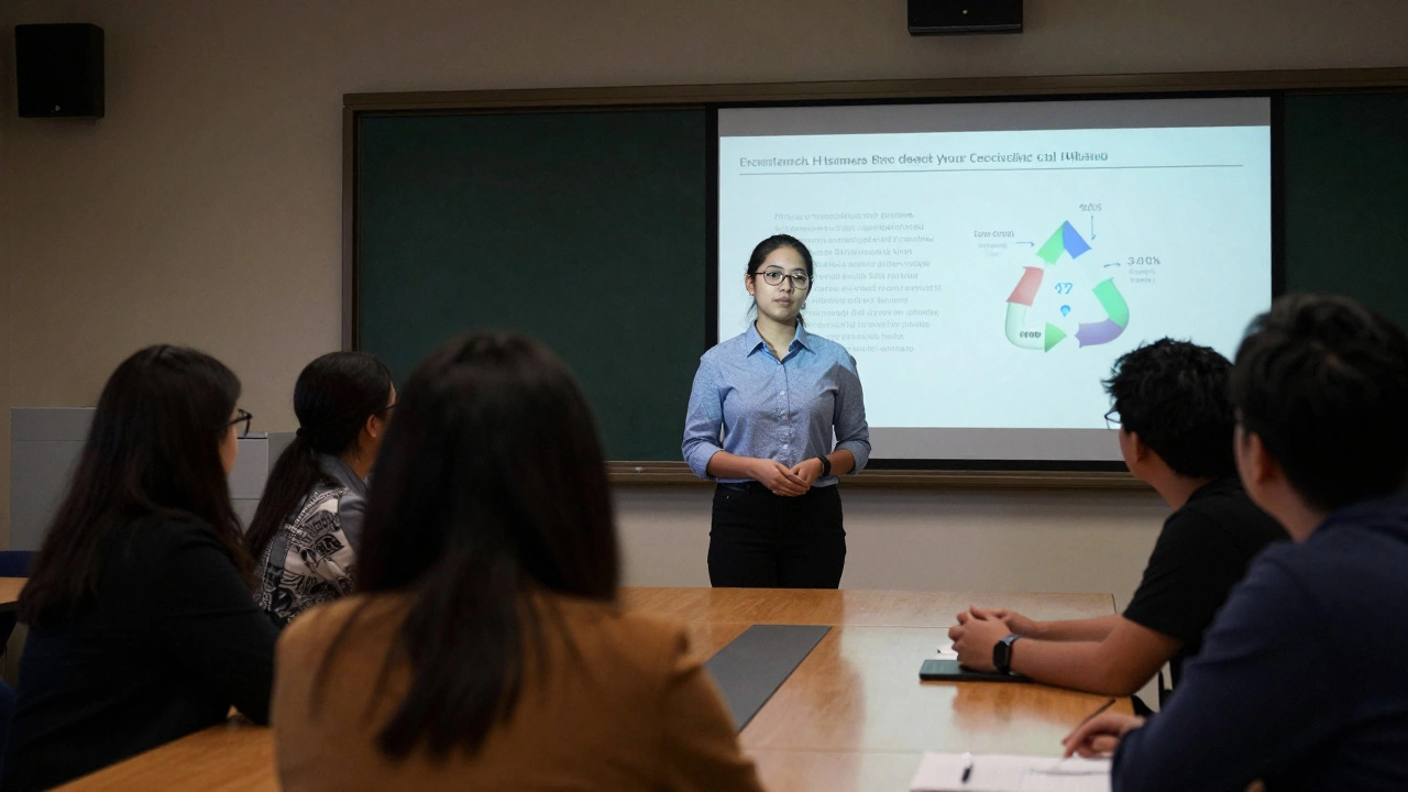 A student presenting a recycling project to a school board with attentive listeners.