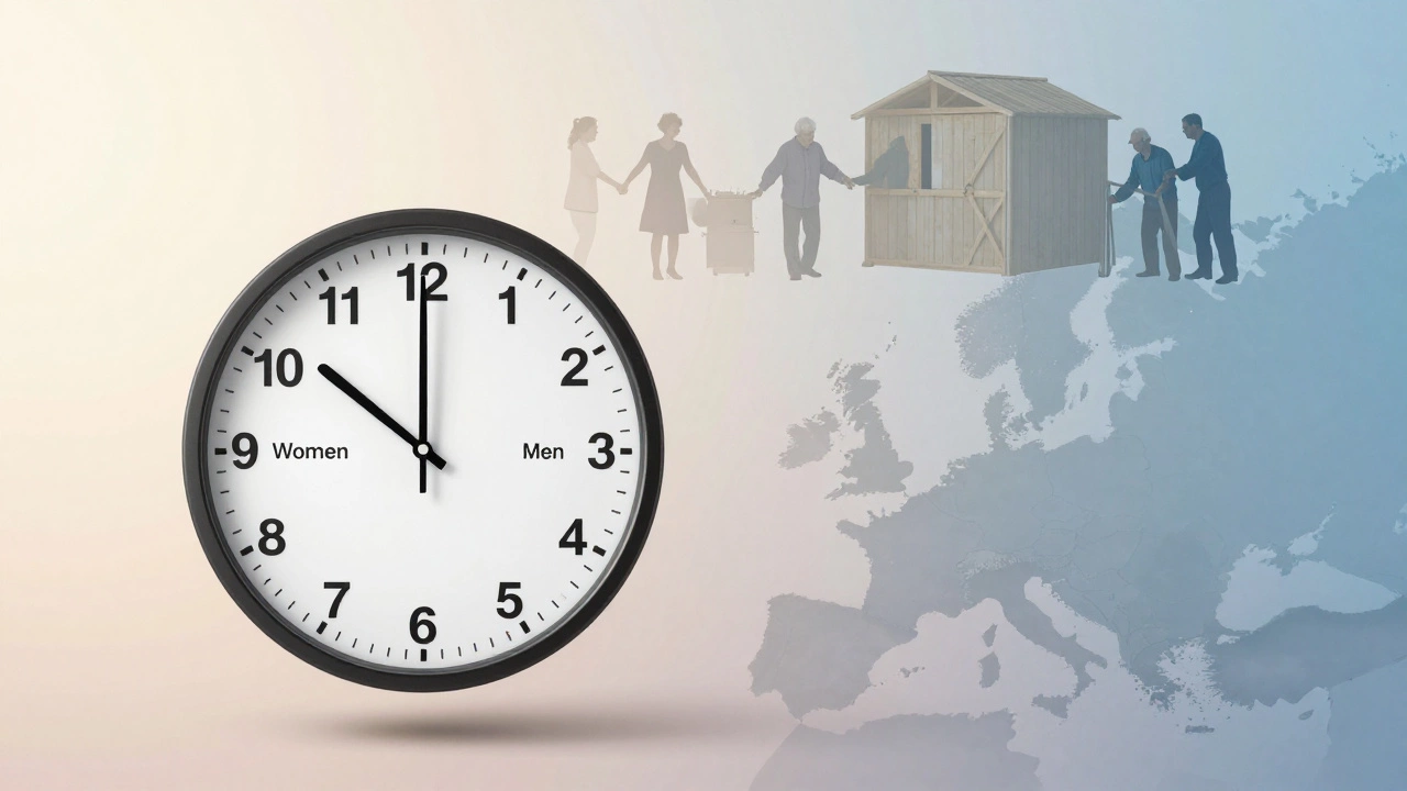 A symbolic clock showing higher volunteer hours for women versus men, with silhouettes of their typical activities.