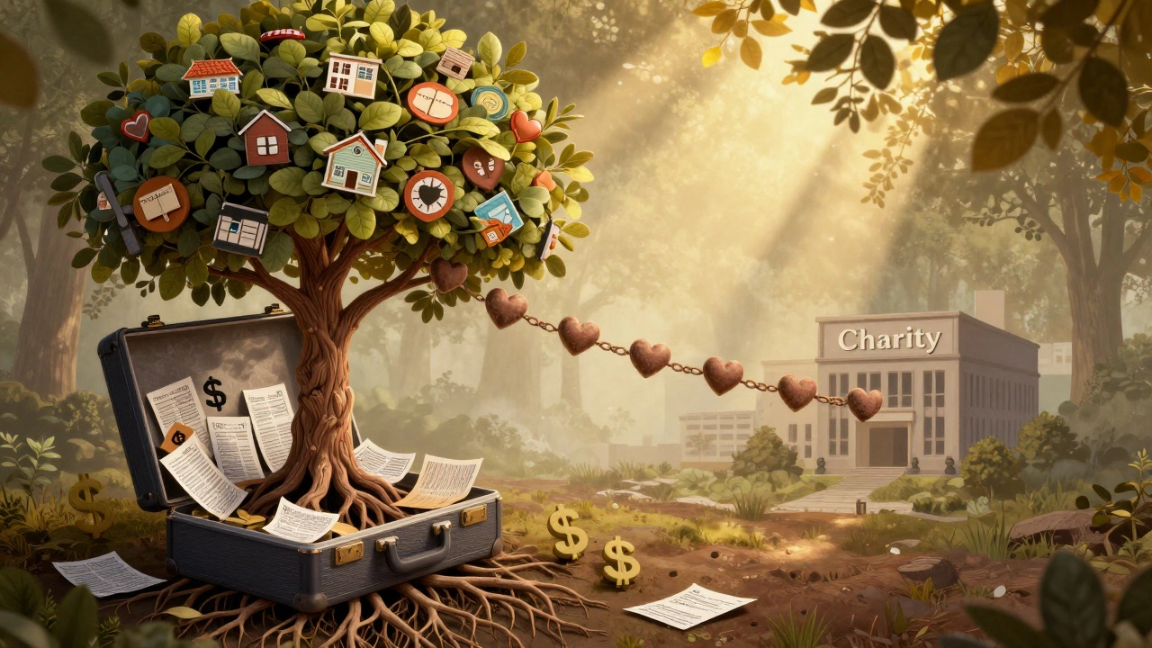 A tree growing from financial assets, its branches forming hearts leading to a charity building.