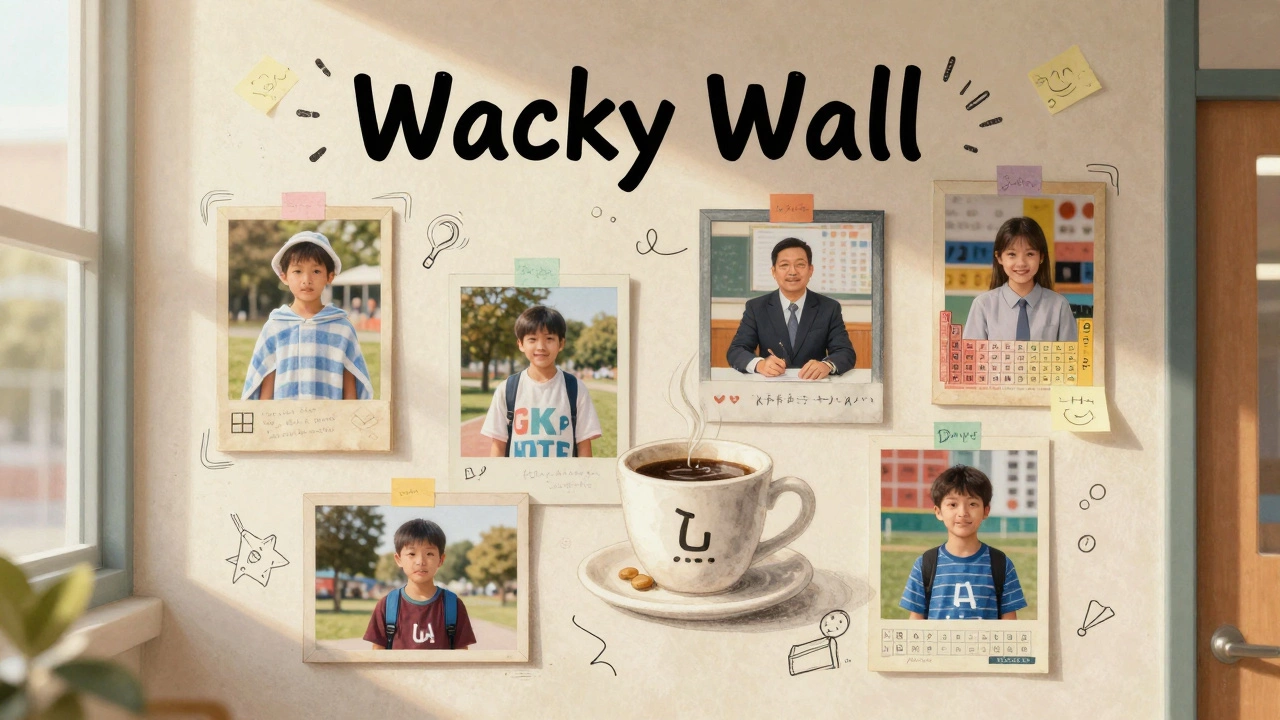 A wall covered in photos of past Wacky Day outfits and smiling faces.
