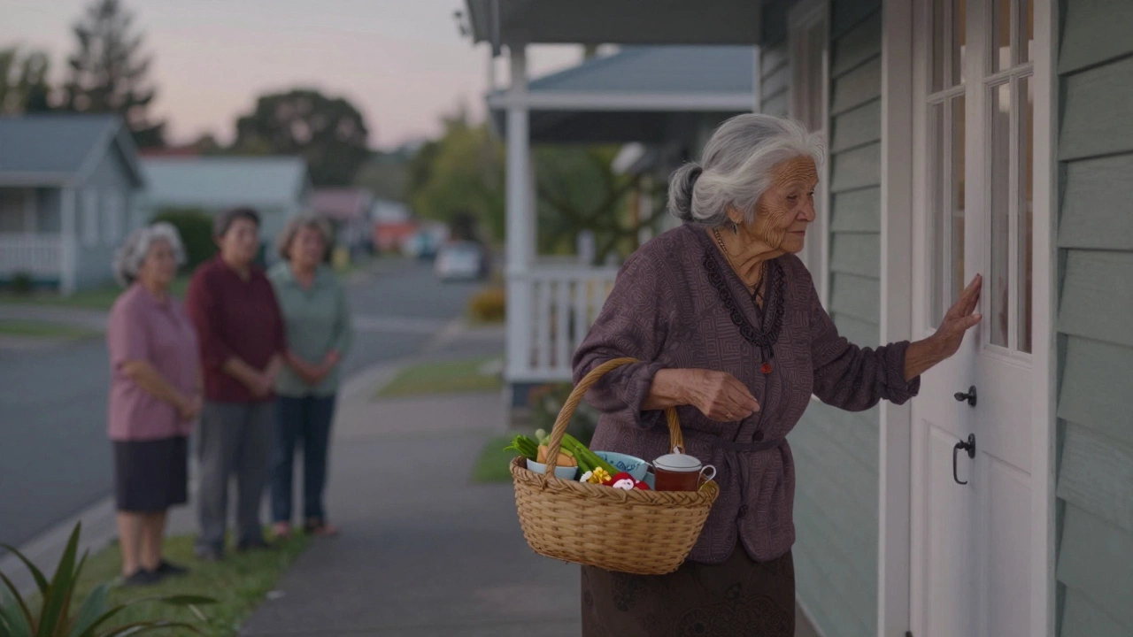 An elder carrying food and tea to a home, embodying quiet community connection.