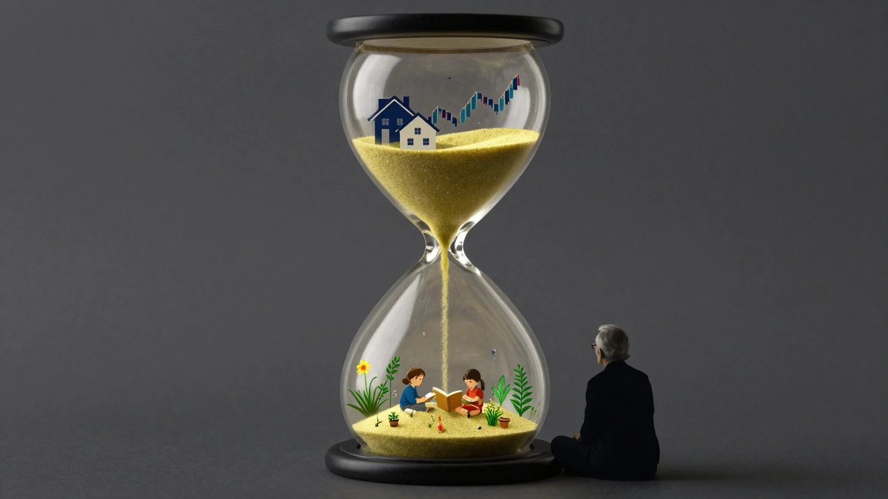 An hourglass turning assets into community growth, with a calm observer beside it.