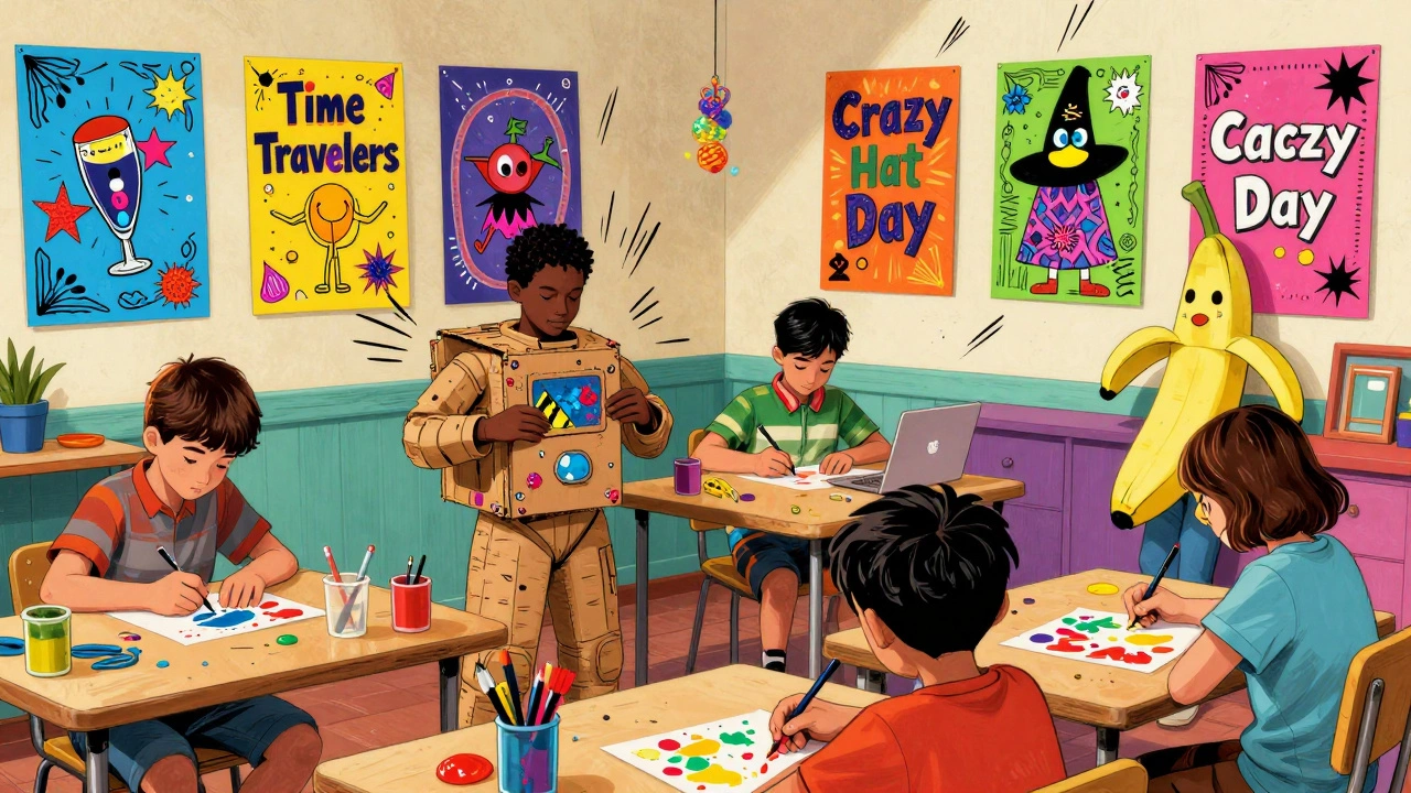 Art club students creating Wacky Day posters with recycled materials and paint.