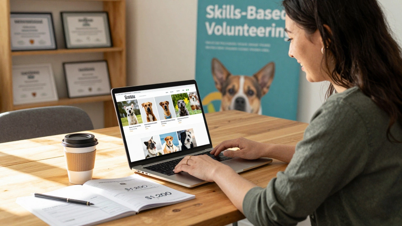 Graphic designer redesigning a shelter's website with payment check beside her laptop.