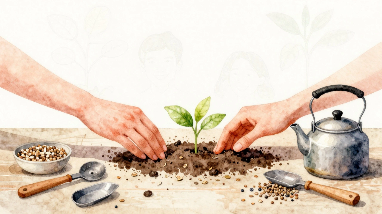 Hands sharing seeds and tools, with plants growing from a shared table of care.