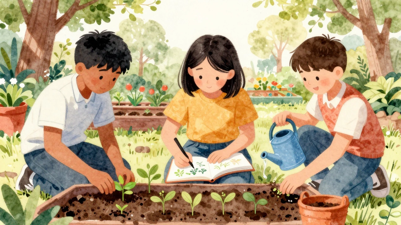 Three students working together in a community garden with sunlight filtering through trees.