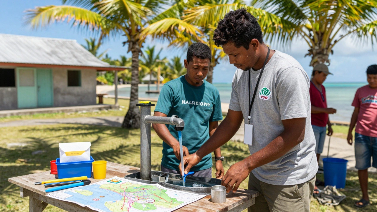 Volunteer building clean water systems in a Pacific village with stipend envelope on table.