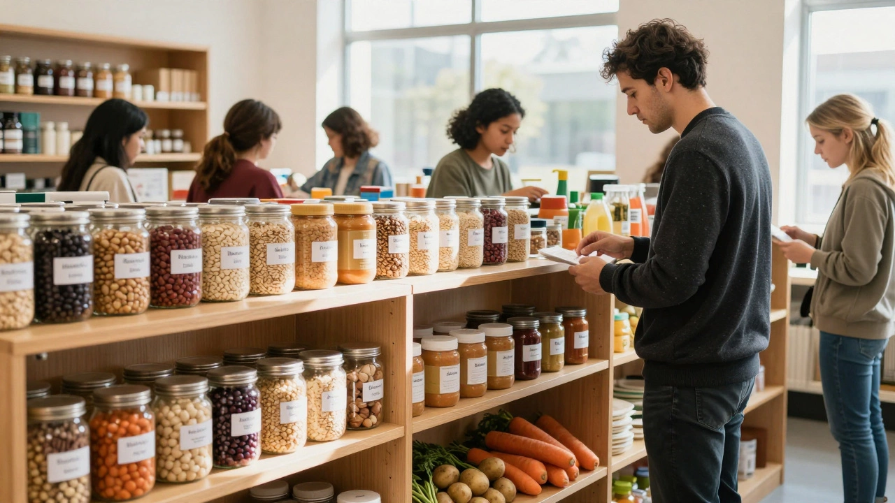 A community pantry shelf stocked with canned goods, grains, and fresh vegetables in a library.