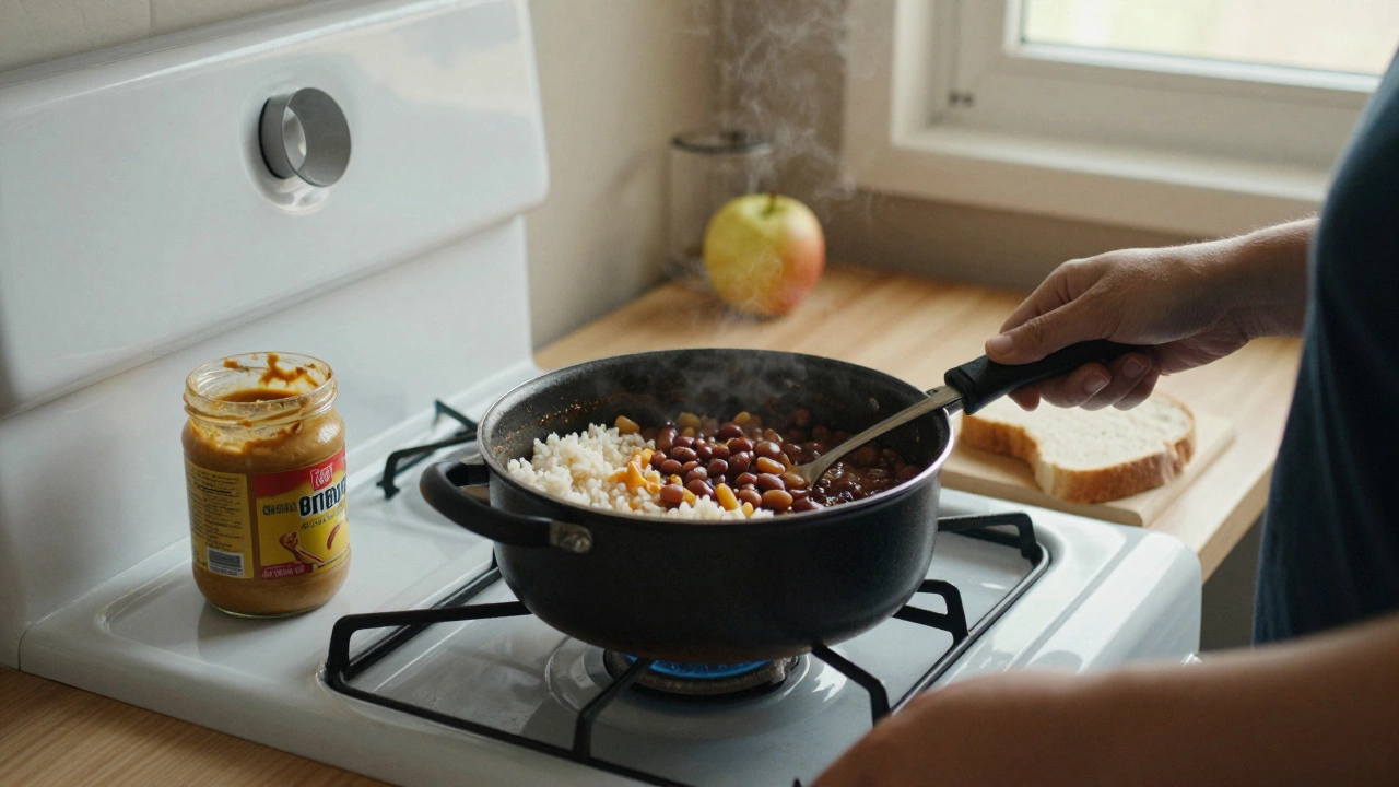 A simple meal of rice and beans cooking on a stove with peanut butter and bread nearby.