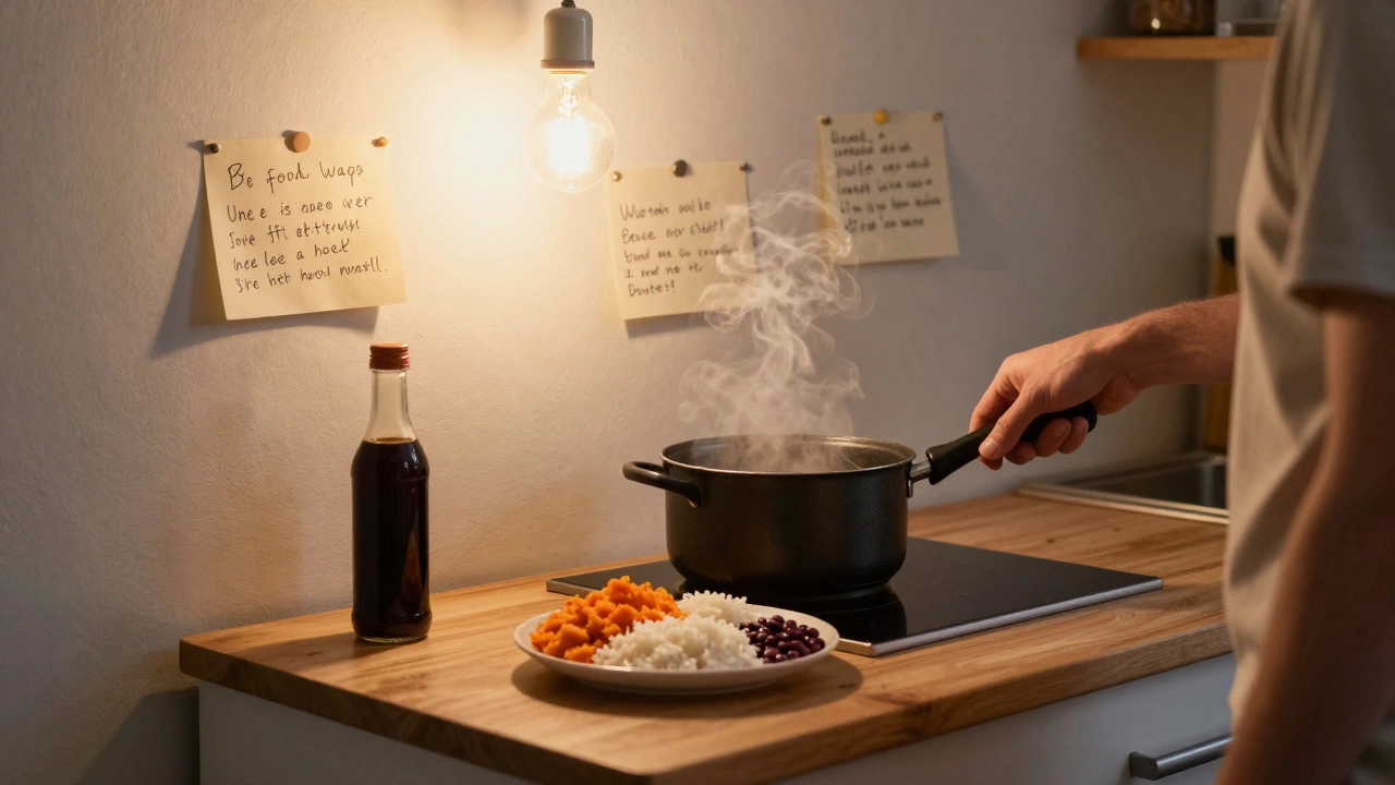 A simple meal of rice, beans, and carrots being prepared in a modest kitchen with warm lighting.