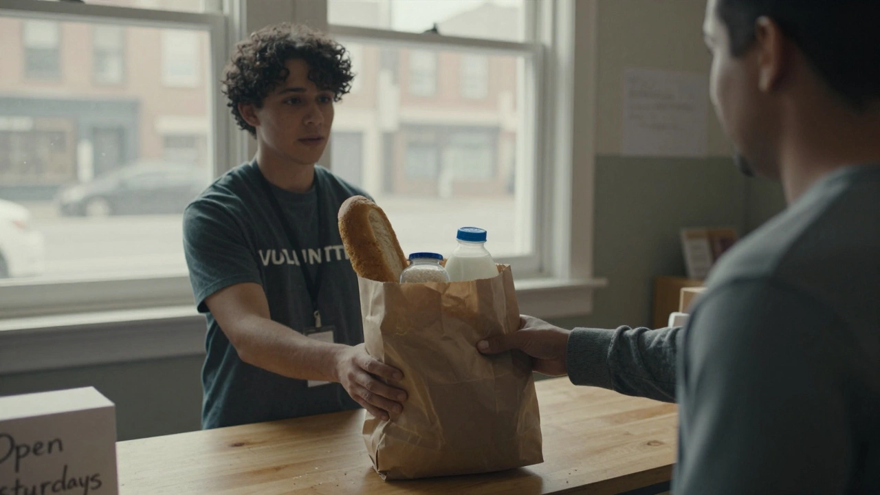 A volunteer handing a food bag to someone at a church pantry with bread, milk, and soup inside.