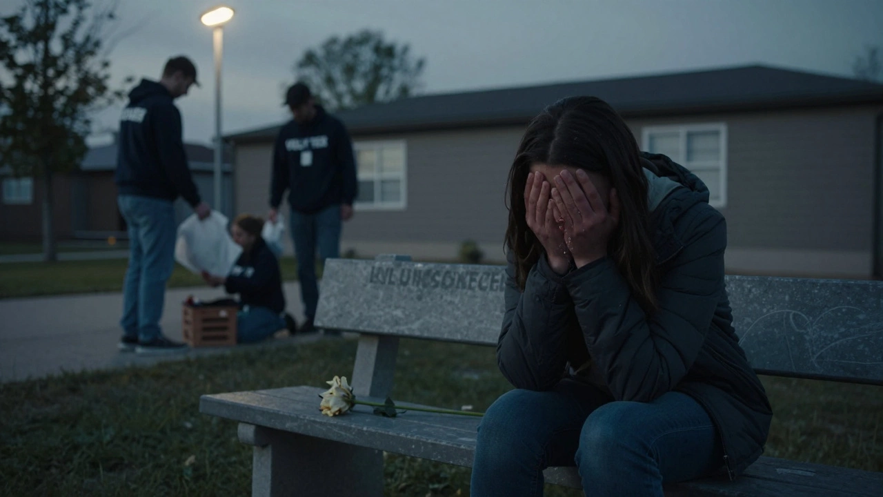 A volunteer sitting alone outside a shelter at dusk, overwhelmed by silent emotional weight.