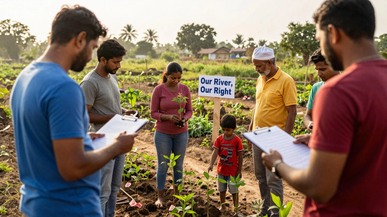 Community members planting trees together in a rural garden, showing collective environmental action.