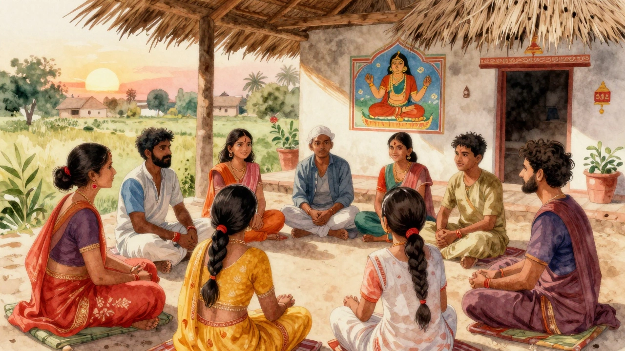 Community support group in Indian village with traditional elements.