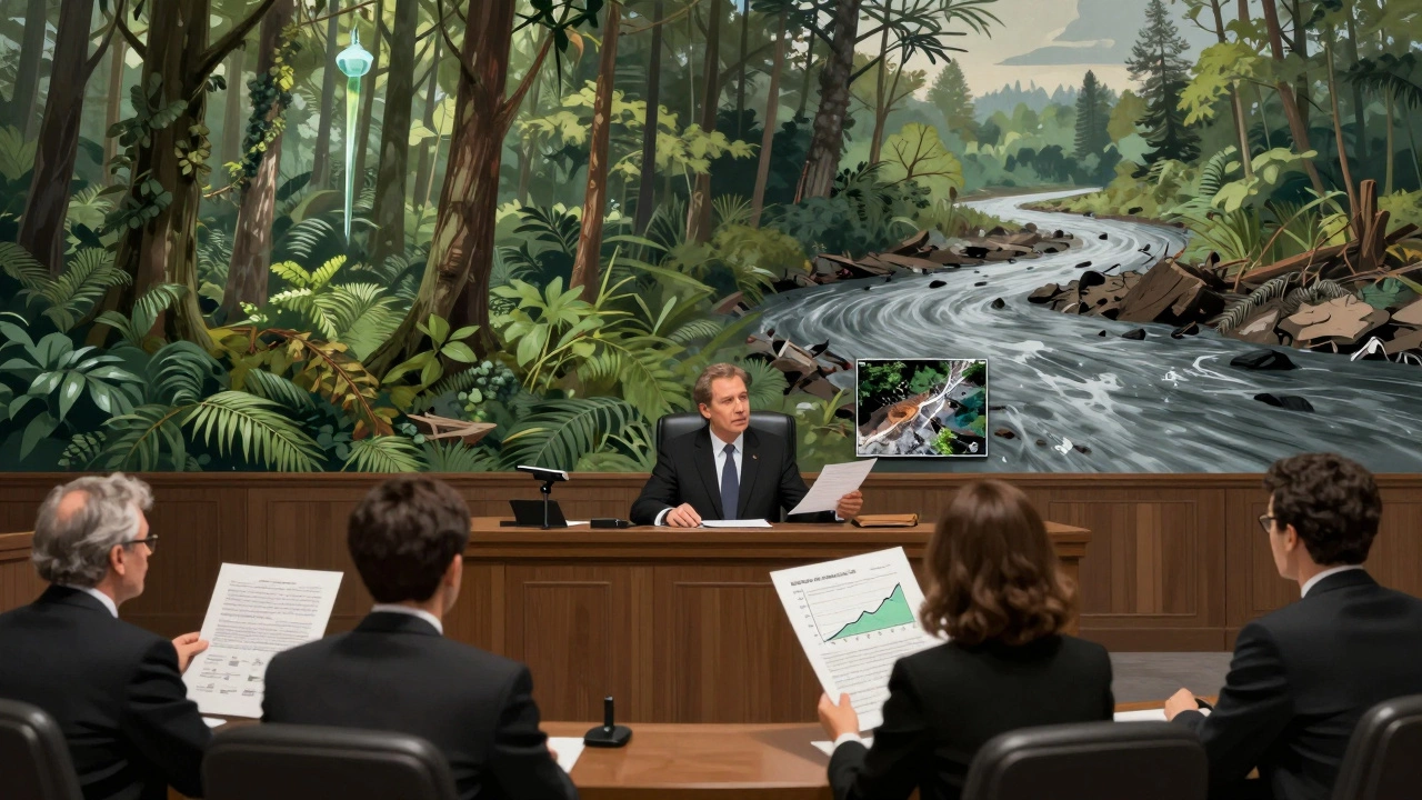 Environmental lawyers presenting scientific data in court with forest and polluted river mural.