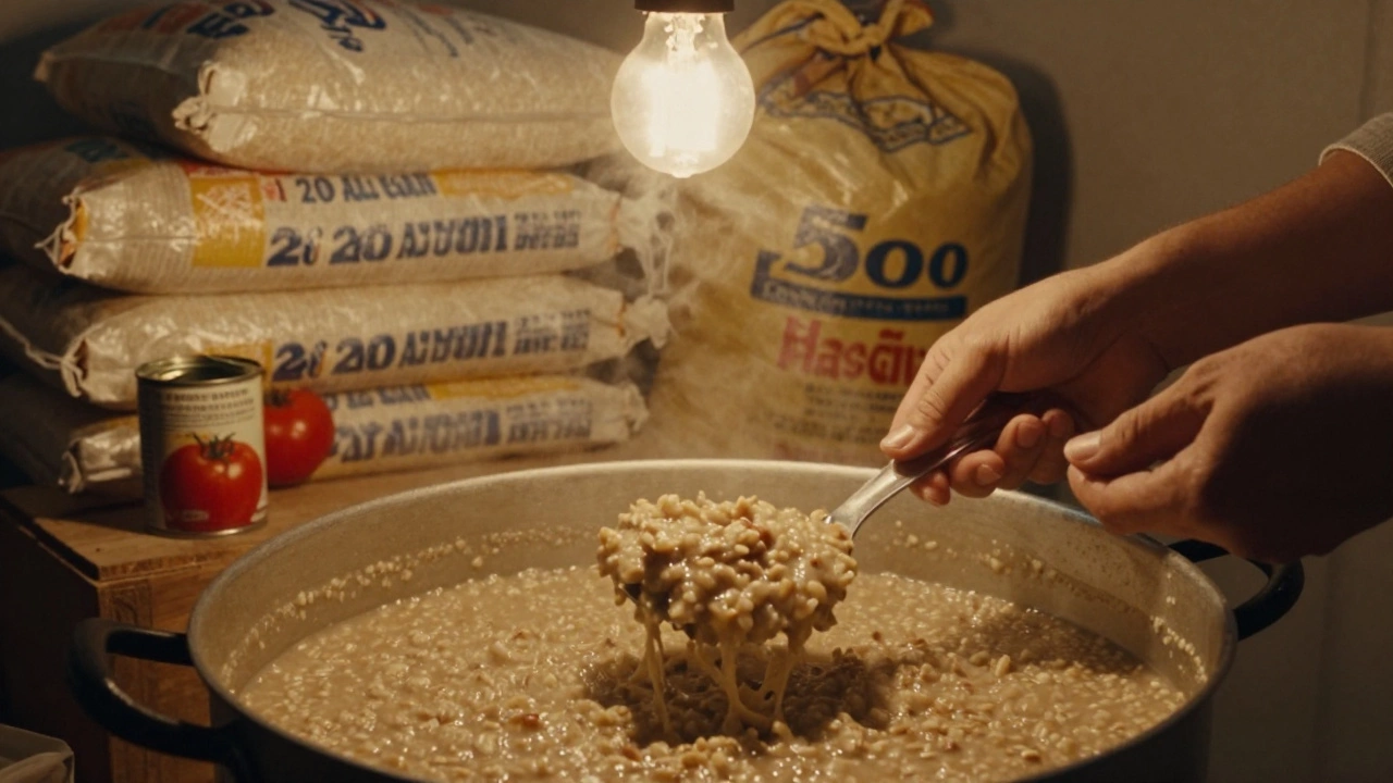 Hands serving oatmeal as sacks of rice and potatoes stand behind, lit by a single bulb.