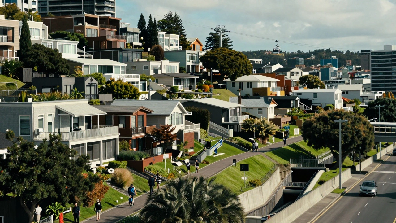Hilly urban neighborhood with tree-lined streets, walkways, and a cable car in the distance.