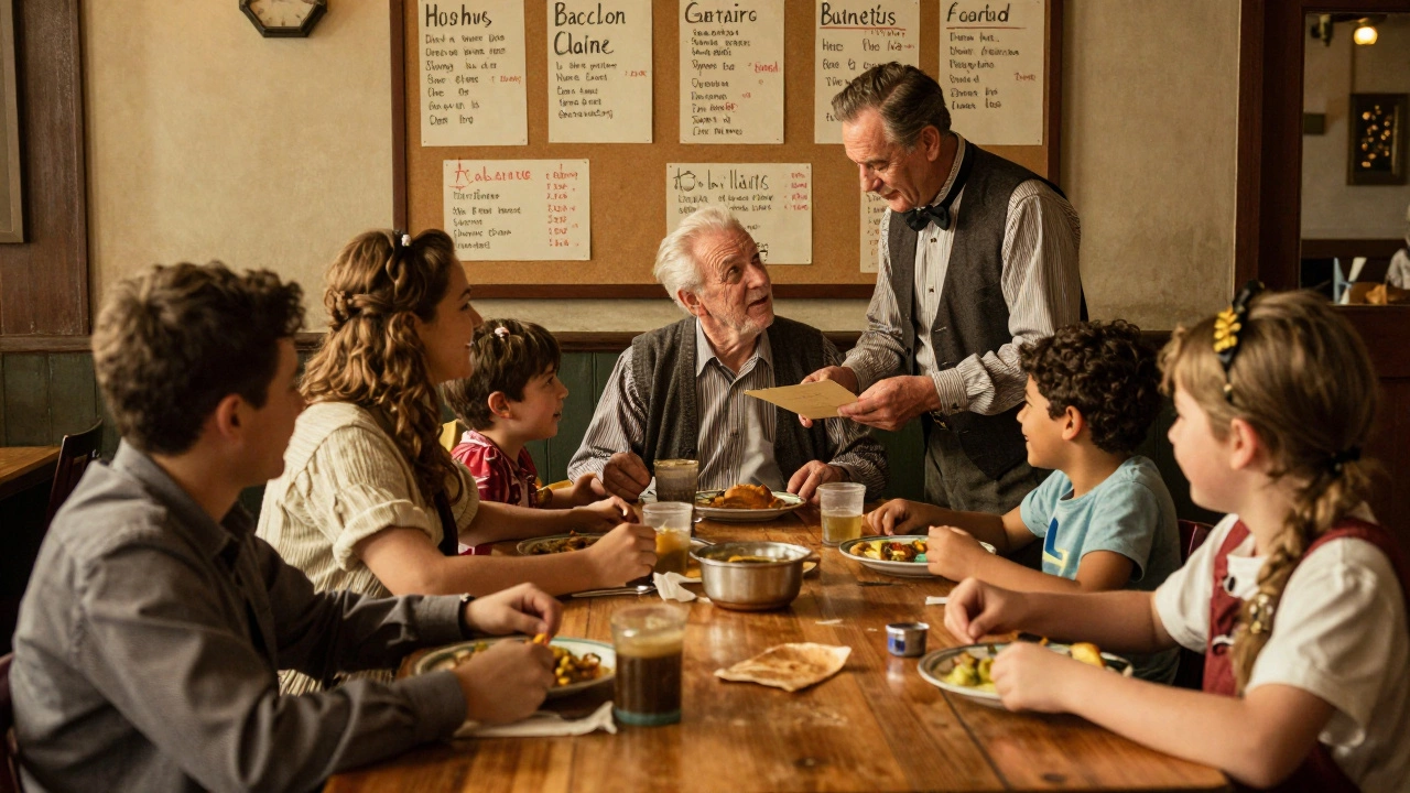 Immigrant families share a meal in a 1920s Chicago club, with handwritten notices on a bulletin board.