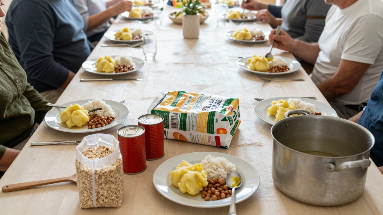 Long table with simple meals of rice, potatoes, and beans, surrounded by bulk food supplies.