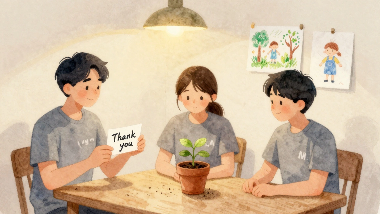 Three volunteers in a quiet room finding hope in small gestures and a growing plant.